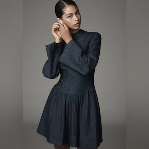 NWT Anthropologie Porridge Long-Sleeve Dark Wash Denim Drop-Waist Mini Dress, XS